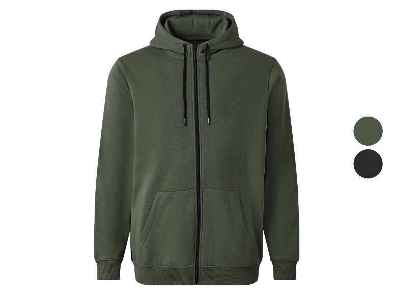 Sweat-shirt à capuche zippé pour homme, disponible en gris et noir.