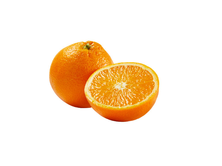 Orange entière et demi-orange avec pulpe et zeste