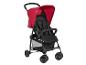 Poussette rouge et noire pliante pour bébé.