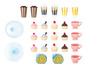 Des cupcakes en jouet, des gobelets à café, des tasses à thé et une boîte à biscuits.