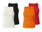 Quatre débardeurs côtelés en blanc, noir, orange et rouge.