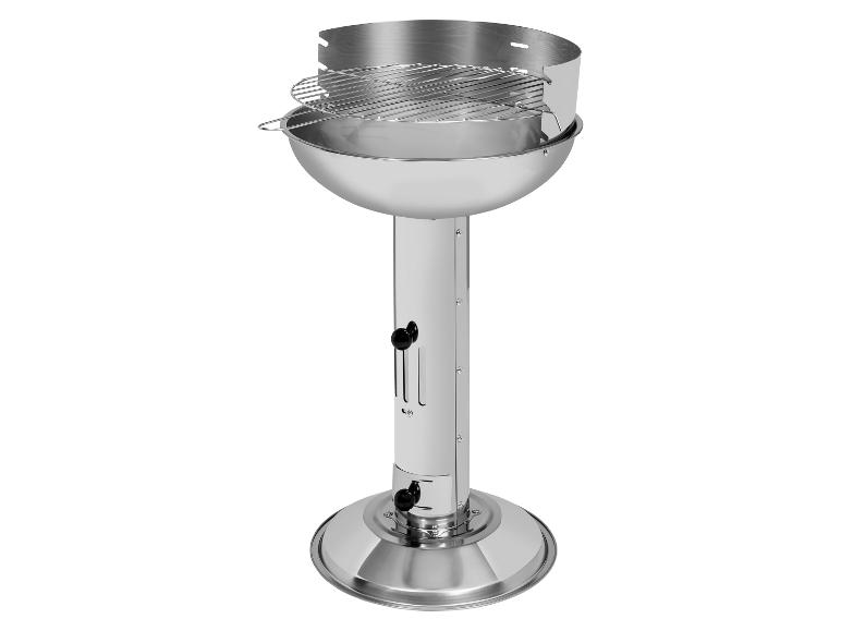 Barbecue colonne en acier inoxydable avec support et grille réglable.