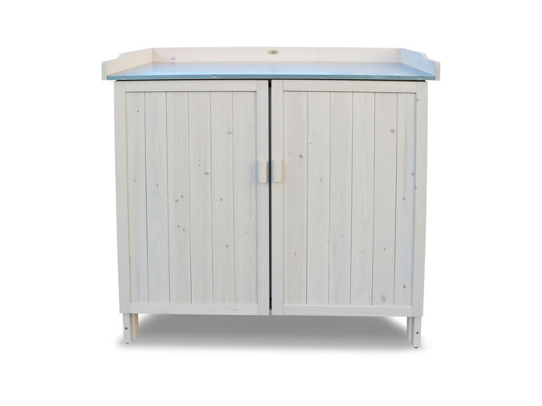 Une armoire en bois blanche avec deux portes et un plan de travail en métal.