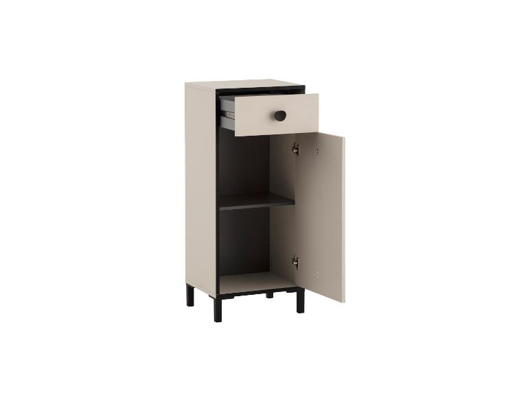 Meuble de rangement étroit gris-beige avec un tiroir et une porte, sur pieds noirs.
