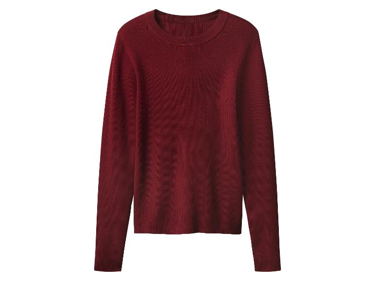 Pull rouge foncé à manches longues et col rond, en maille côtelée.