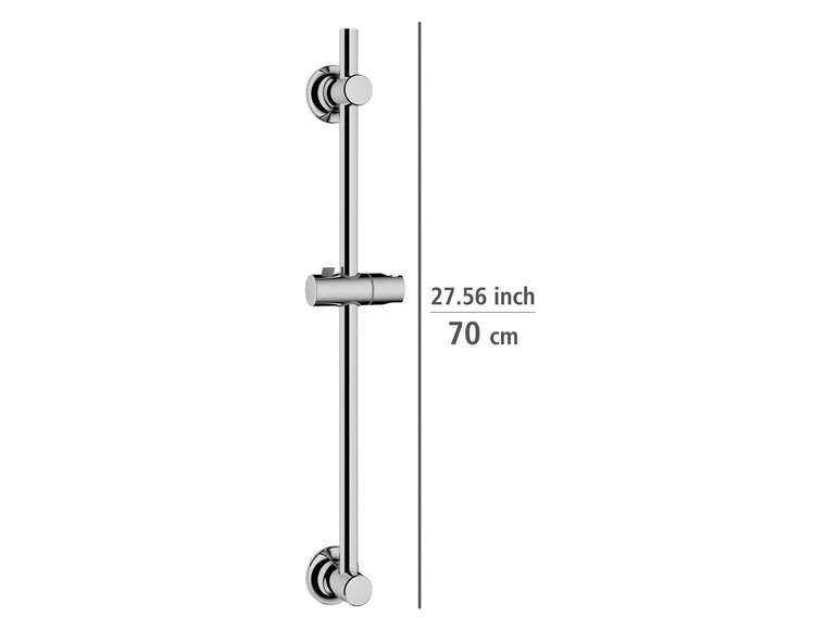 Une barre de douche chromée avec deux points de fixation.