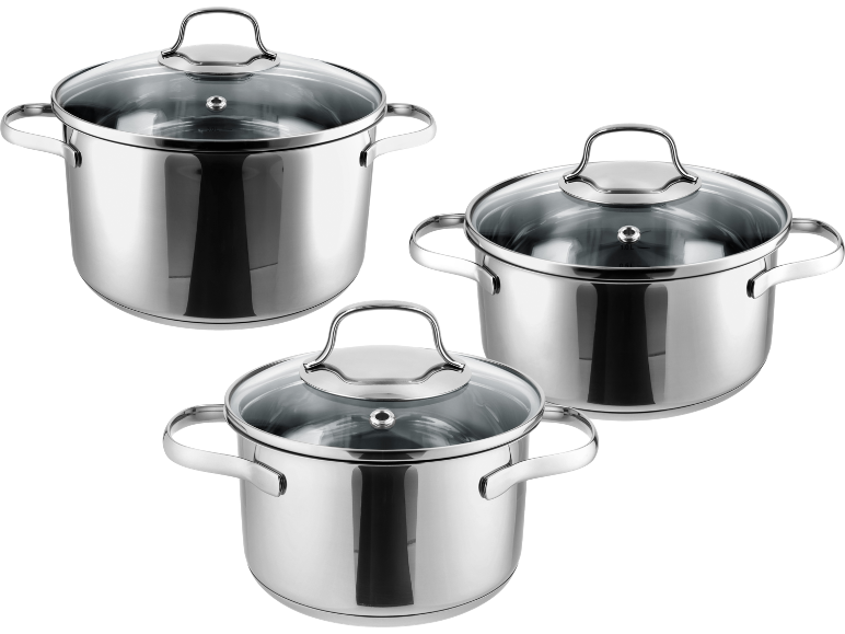 Trois casseroles brillantes en acier inoxydable avec couvercles en verre.