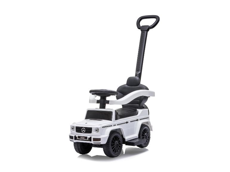 Une voiture jouet Mercedes-Benz Classe G blanche avec une poignée pour pousser.
