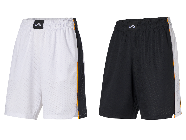 Shorts de sport blancs et noirs avec des détails orange.