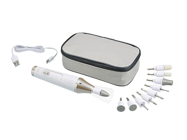 Kit de manucure et pédicure avec lime électrique, divers embouts et étui.