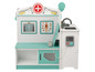 Un jeu de docteur en bois avec une radiographie, un lavabo et un thermomètre numérique.