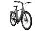 Un vélo électrique gris avec transmission par courroie.