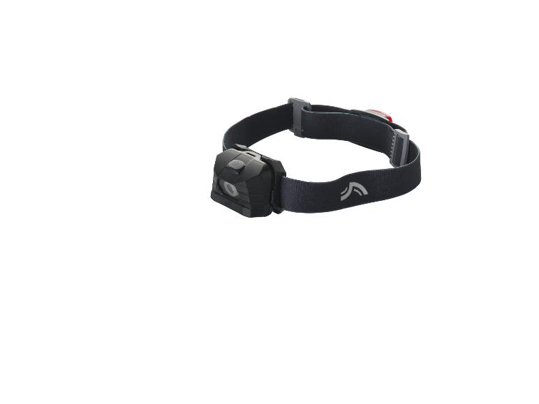 Lampe frontale noire avec sangle réglable et logo blanc.