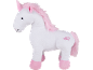 Licorne en peluche blanche avec crinière et sabots roses.