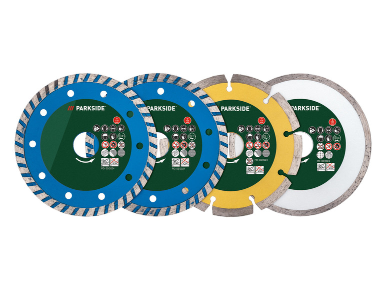 Quatre disques diamantés Parkside pour différentes applications.