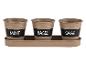 Trois pots en métal avec des étiquettes pour la menthe, le basilic et la sauge, sur un plateau.