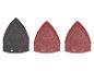 Lot de patins de ponçage triangulaires noirs et rouges pour ponceuses.