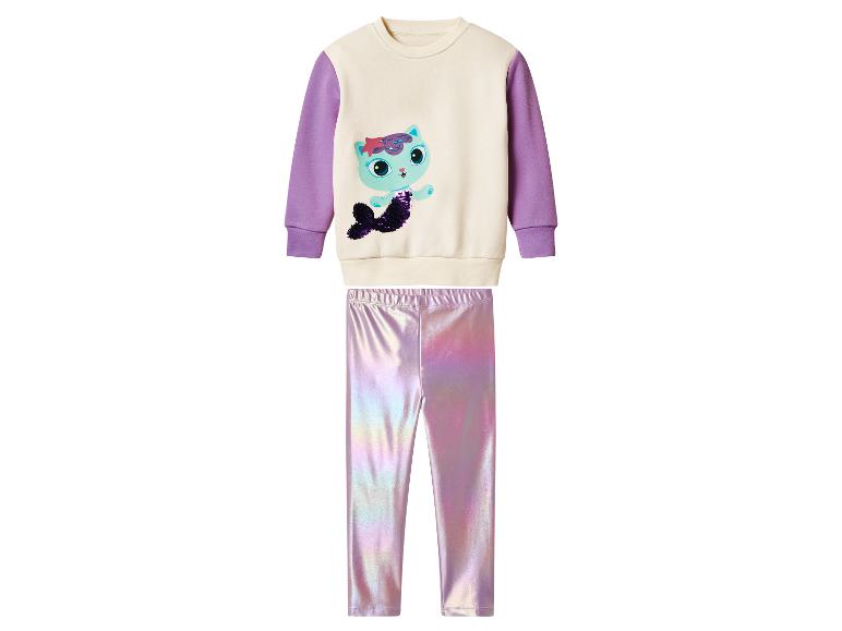 Ensemble sweat-shirt chat sirène et leggings violets brillants.