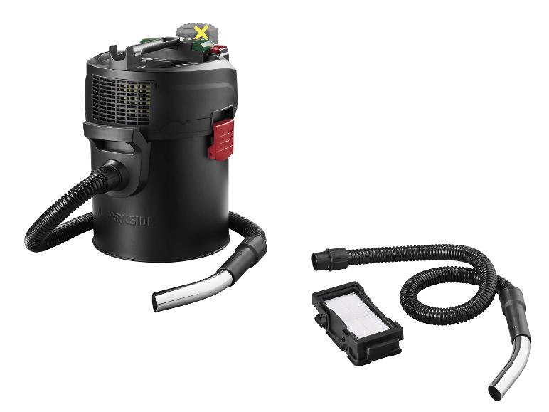 Aspirateur noir avec tuyau et filtre sur fond blanc.
