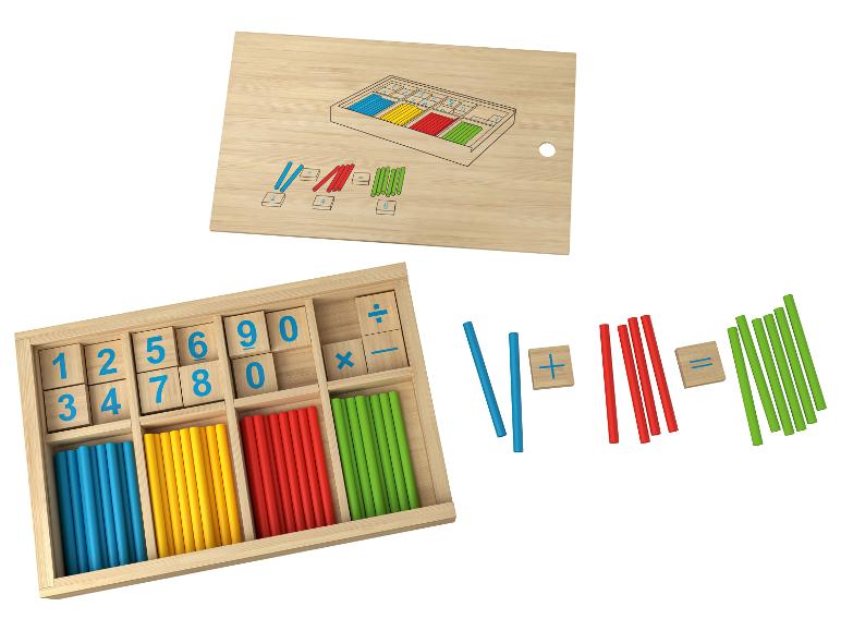Jouet d'apprentissage des mathématiques en bois avec blocs numérotés et bâtonnets.