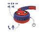 Un casque bleu et rouge avec un design Spider-Man, avec des boutons pour le volume, la lecture et les appels.