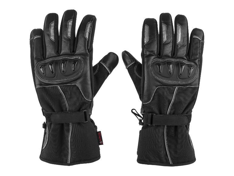 Paire de gants de moto noirs avec protection des articulations et détails réfléchissants.