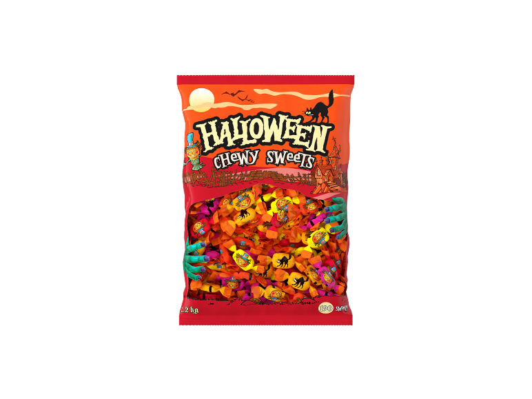 Sachet de bonbons à mâcher d'Halloween avec thème citrouille, chat noir et mains de monstre.
