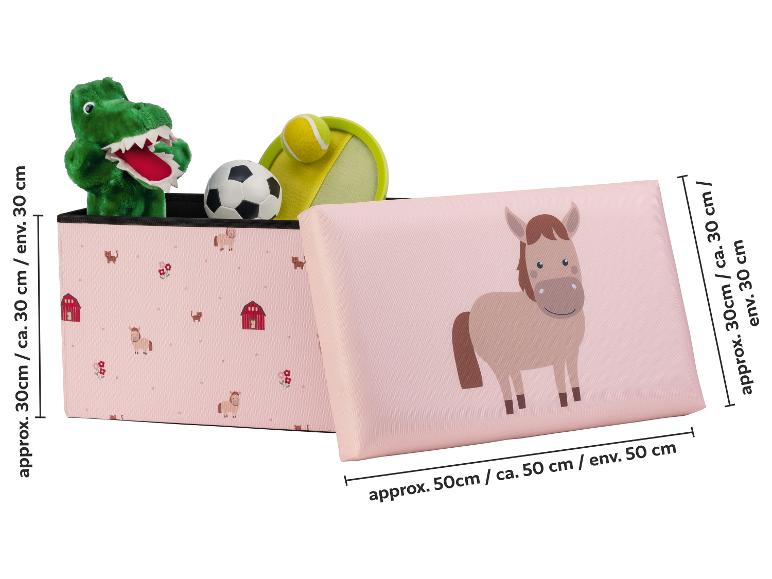 Boîte de rangement rose avec animaux de la ferme et couvercle à thème cheval, contenant des jouets.