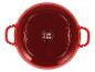 Dessous d'une cocotte en fonte rouge avec icônes pour différents types de feux et lave-vaisselle.