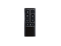 Télécommande noire avec boutons pour l'alimentation, la minuterie, la flamme, le ventilateur, le muet et la température.