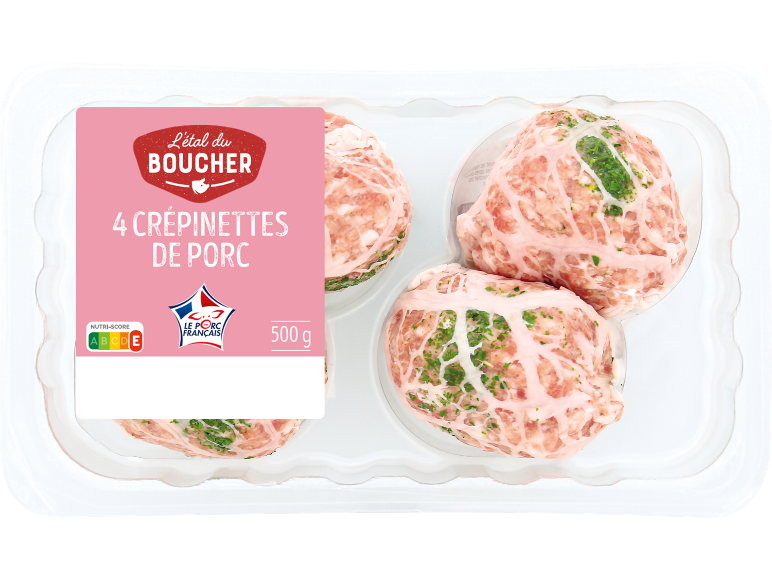 Paquet de 4 crépinettes de porc, 500 g, avec Nutri-Score A.