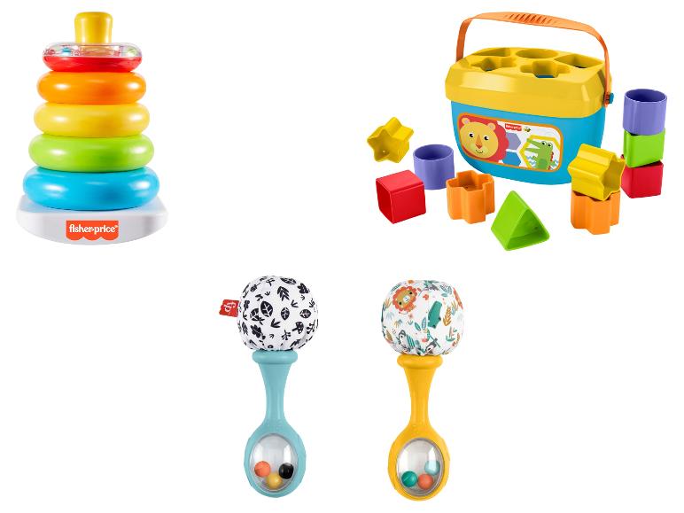 Jouets Fisher-Price : anneaux à empiler, trieur de formes et hochets pour bébés.