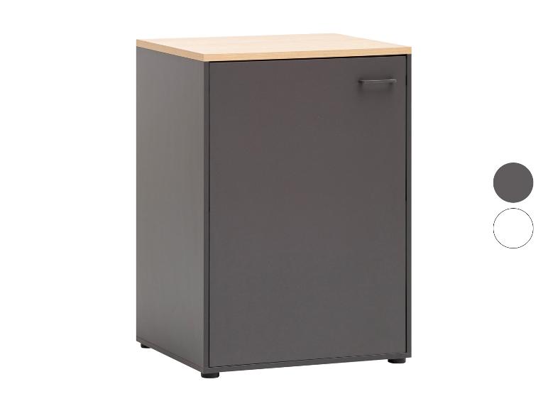 Armoire grise avec plateau en bois clair, poignée à droite et cercles de sélection de couleur.