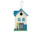 Une maisonnette à oiseaux bleue et blanche avec l'inscription 'home sweet home'.