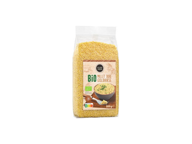 Sachet transparent de millet doré, avec l'inscription « Bio Millet Doré Goldhirse » et un Nutri-Score.