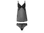 Un ensemble de lingerie noir avec string et chemise de nuit.