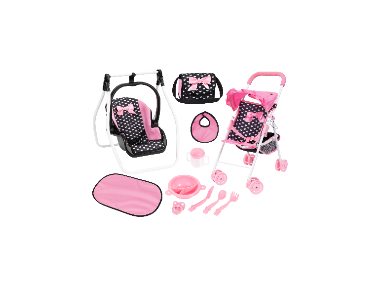 Set de poussette pour poupée et accessoires BAYER DESIGN avec motif de cœurs roses.