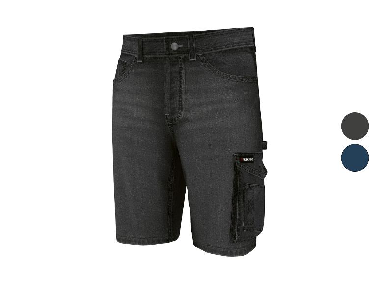 Short de travail en jean foncé avec poches latérales et détails de couture.