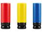 Trois douilles à chocs colorées: rouge (21 mm), jaune (19 mm) et bleue (17 mm).