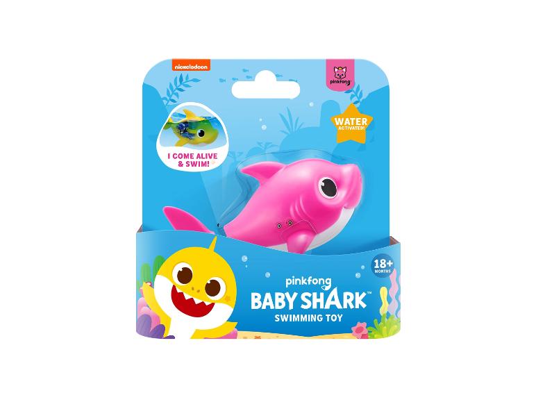 Jouet de natation Pinkfong Baby Shark activé par l'eau, avec un requin rose et un requin jaune nageant.
