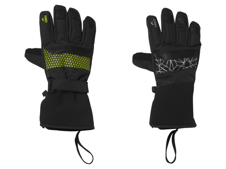 Deux paires de gants de ski noirs Crivit avec des détails verts.