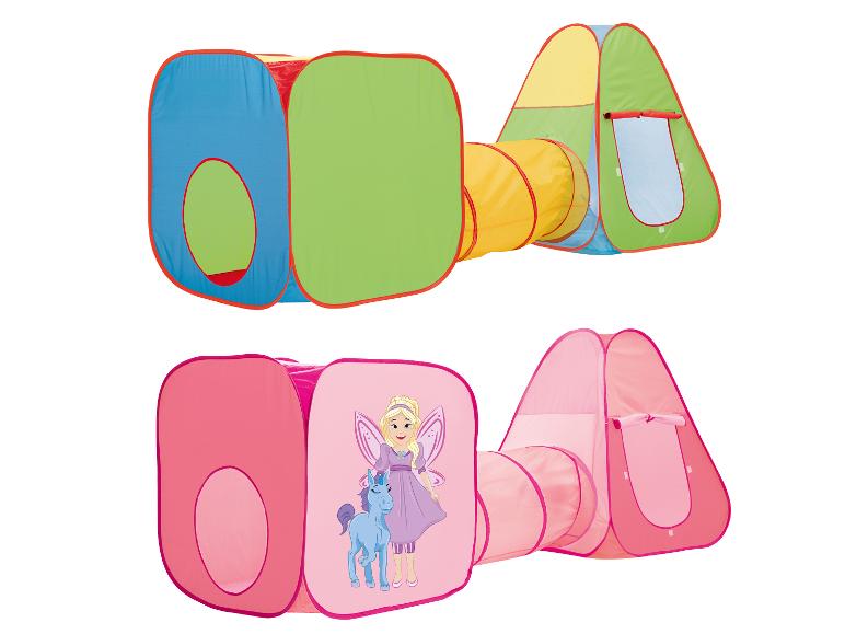 Deux tentes de jeu avec tunnels: une colorée, une rose avec fée et licorne.