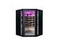 Sauna infrarouge d'angle noir avec porte vitrée et éclairage intérieur violet.