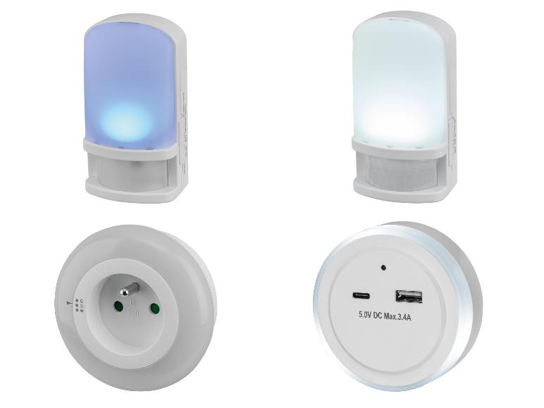 Quatre vues d'une veilleuse à détecteur de mouvement, avec chargement USB et options de prise EU.