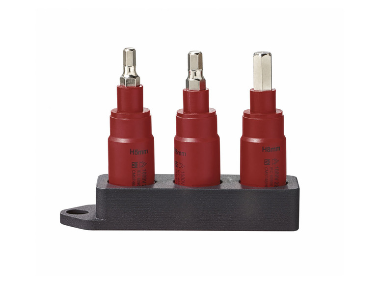 Trois tournevis isolés rouges de tailles H5mm, H6mm et H8mm.