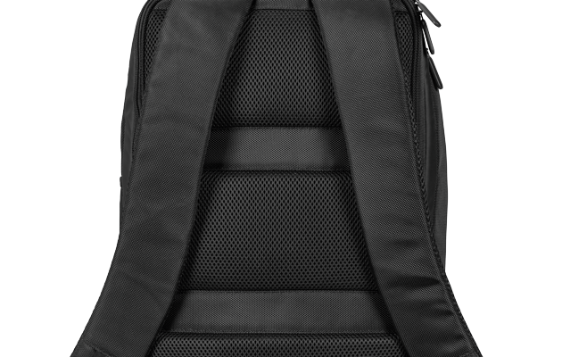 Vue arrière du sac à dos avec un accent sur le rembourrage dorsal de forme ergonomique et les bretelles rembourrées