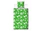 Parure de lit verte avec motif pixel blanc, comprenant une housse de couette et une taie d'oreiller.