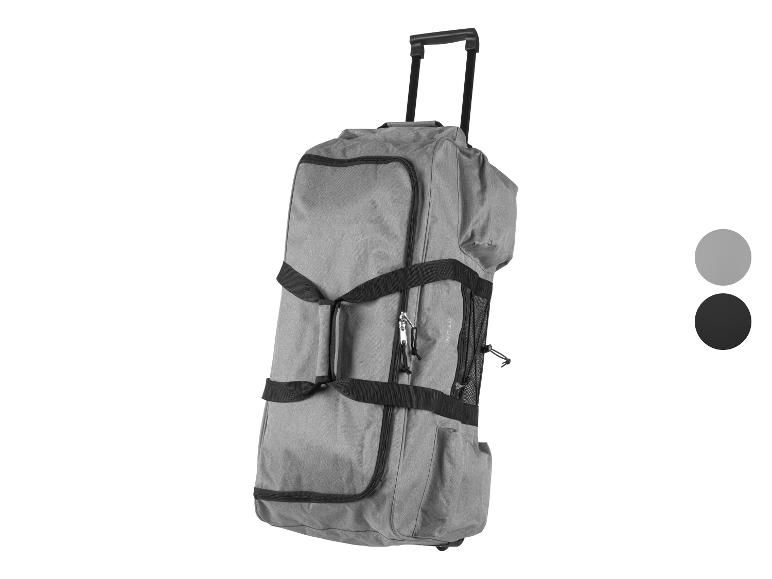 Sac de voyage gris à roulettes avec poignées noires et détails