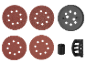 Ensemble de disques de papier de verre ronds et accessoires pour ponceuse, incluant un patin de ponçage noir.