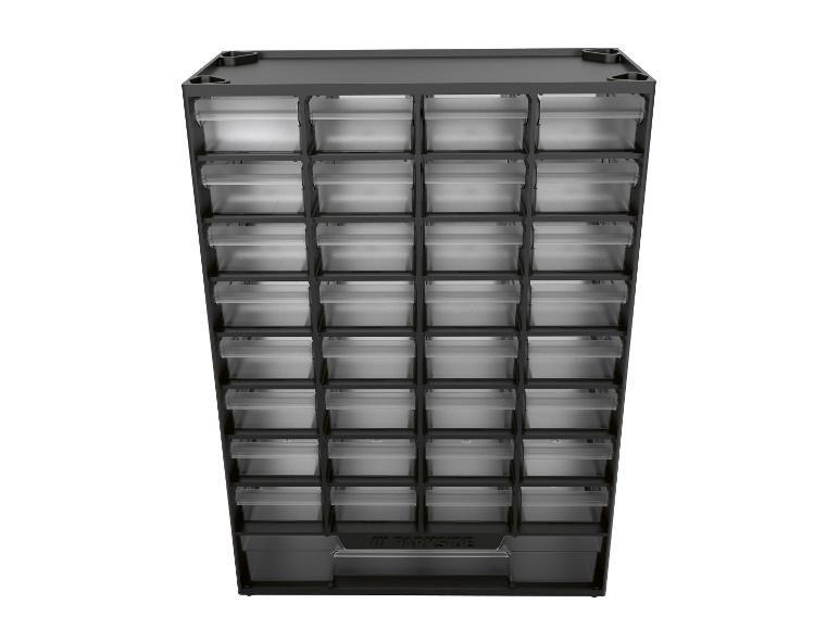 Organiseur de rangement noir avec 32 tiroirs transparents pour petites pièces.